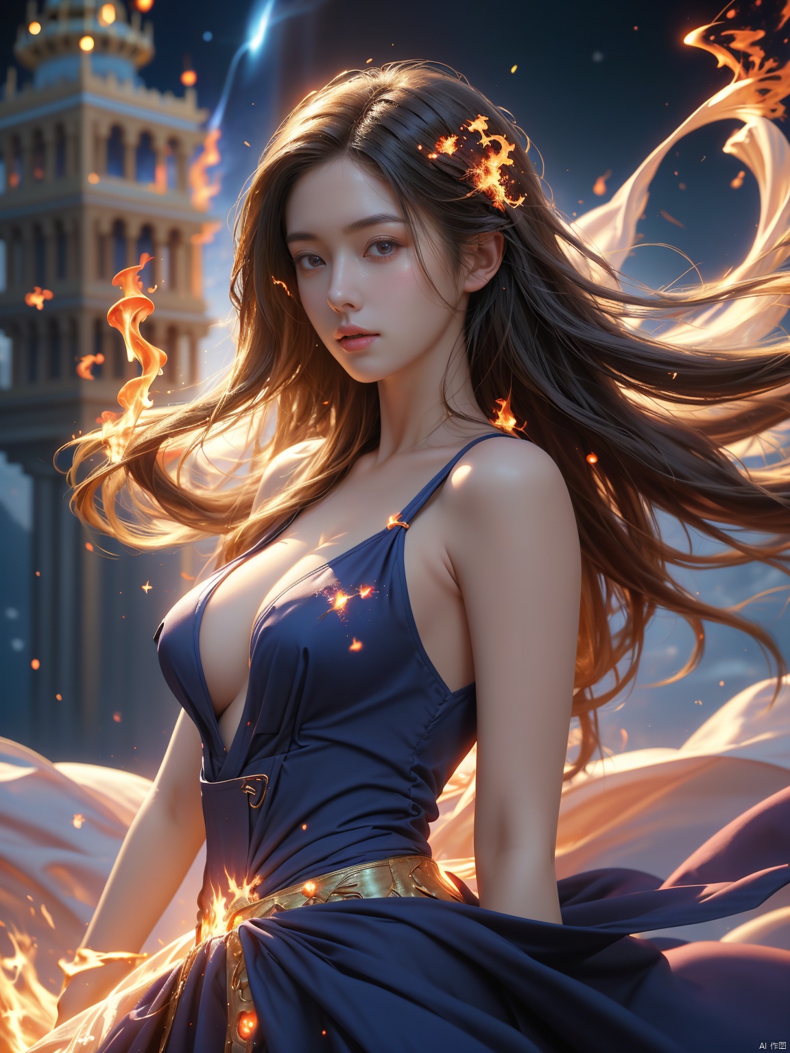  masterpiece, 1 girl, Look at me, Long hair, Flame, A magical scene, glowing, Floating hair, realistic, Nebula, An incredible picture, The magic array behind it, Sister., Exposed clothes, Big breasts, Stand, A luxurious palace, textured skin, super detail, best quality, Trainee Nurse