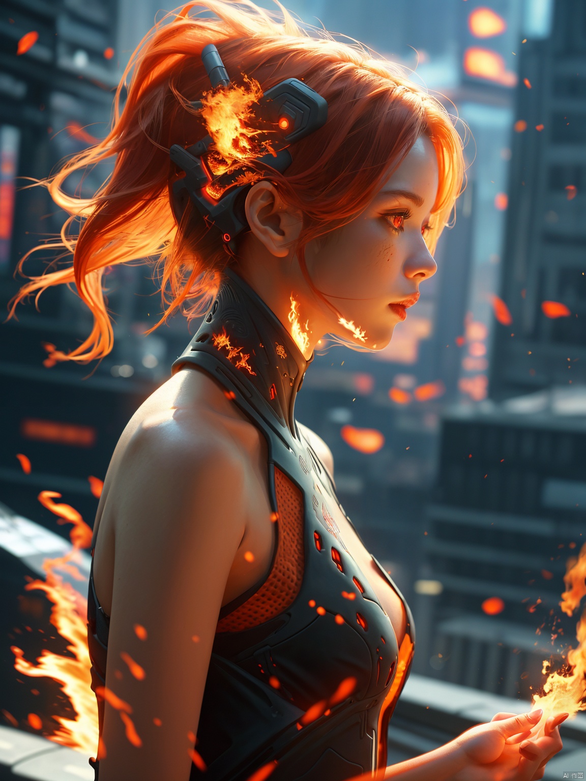  1girl, solo, fire, science fiction, from side, glowing, floating hair, profile, lips, realistic, upper body, parted lips, fiery red hair, fiery red eyes