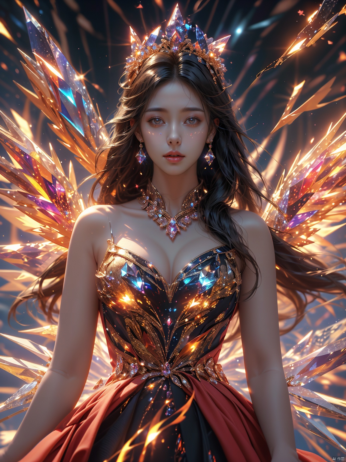  masterpiece, 1 girl, Look at me, Long hair, Flame, A magical scene, glowing, Floating hair, realistic, Nebula, An incredible picture, The magic array behind it, Sister., Exposed clothes, Big breasts, Stand, A luxurious palace, textured skin, super detail, best quality, Trainee Nurse, crystal_dress , crystal , wings ,