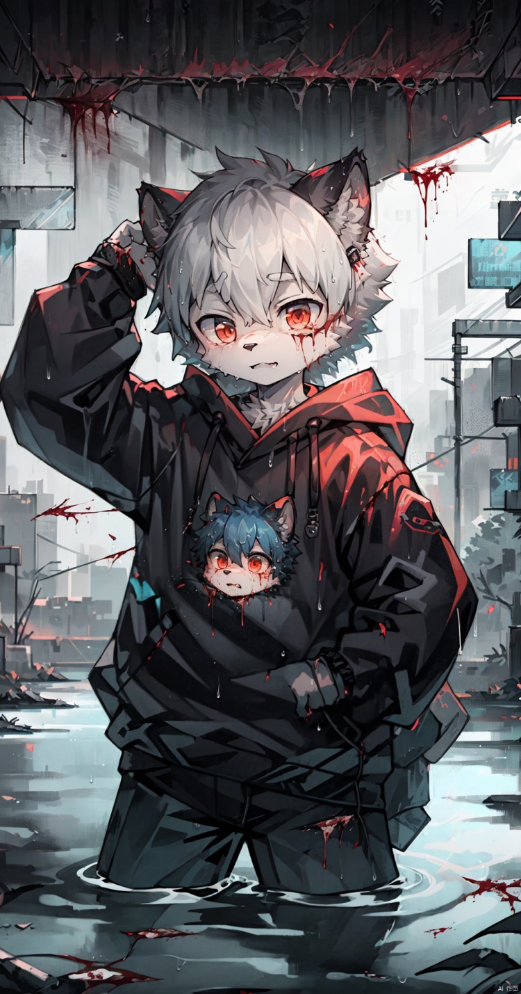  e style thriller poster,character name, English fonnt,1gril,solo,
,hafu,china,cyberpunk theme,e style thriller posterl,(masterpiece:1.1), (best quality:1.2), highres, original, extremely detailed wallpaper, official art, shota,rain,water,blood like river, furry