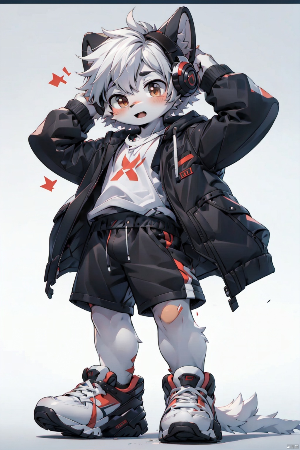  masterpiece,best quality,8K,1boy, male focus, solo, shorts, headphones, jacket, chibi, bag, shoes, brown eyes, white hair, full body, black shorts, bandaid, male child, looking at viewer, backpack, hood, standing, child, shirt, sneakers, short hair, black jacket, white shirt, grey background, closed mouth, open clothes, open jacket,red color, NJIP, furry, shota