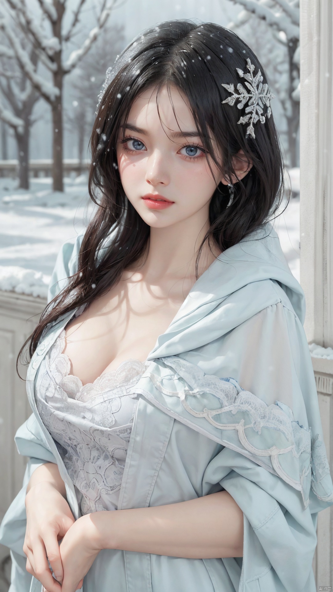  1girl,solo, head ornament, , ,,,,,,,,,,,masterpiece, best quality, official art, extremely detailed CG unity 8k wallpaper, Light and shadow special effects, shadow, Flowing light and shadow, falling_snow, snowing, shawl, white shawl, cleavage,,,,,,,, cold,expiration,