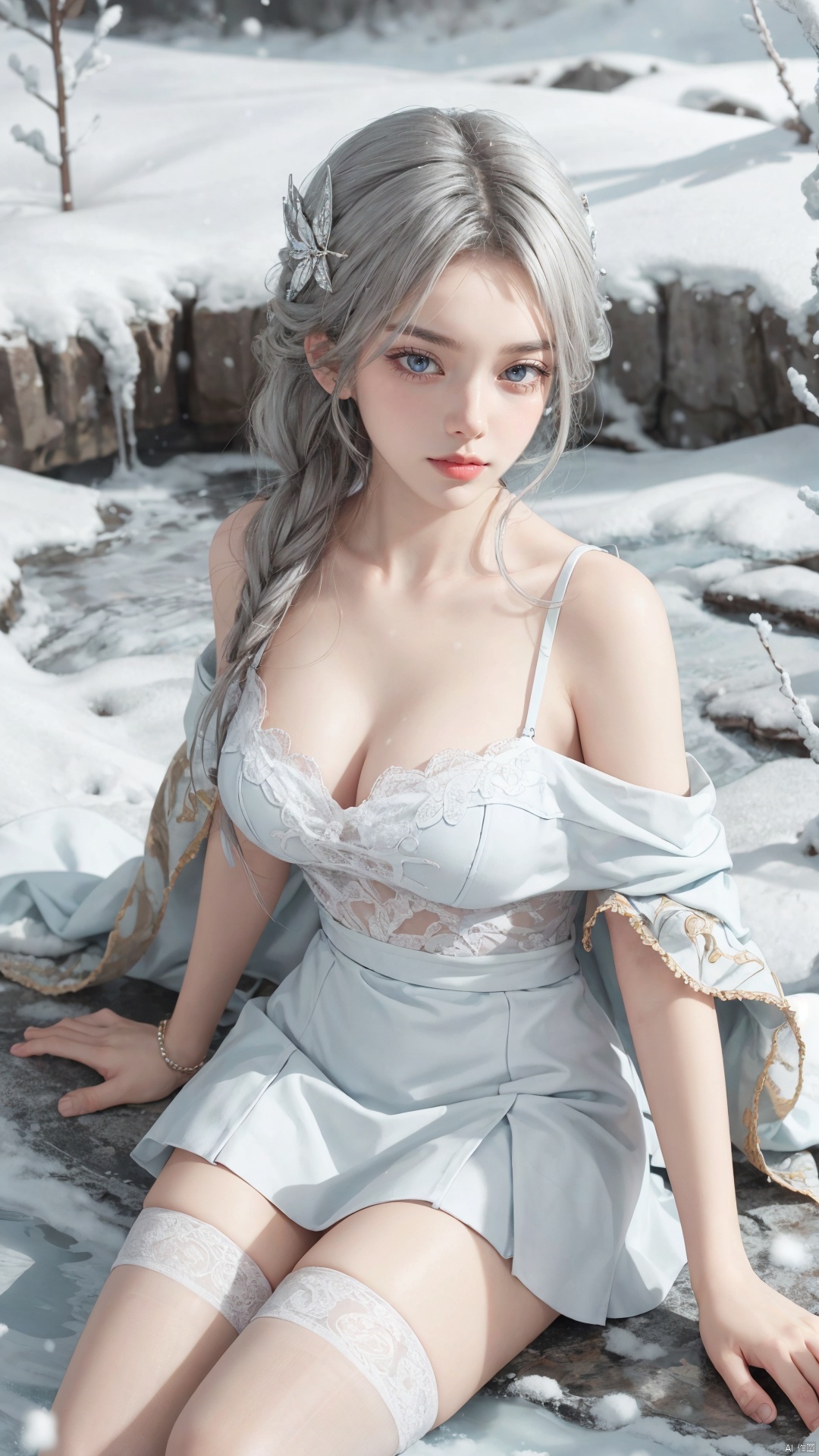  1girl,solo, head ornament,white stockings, ,,,,,,,,,,,masterpiece, best quality, official art, extremely detailed CG unity 8k wallpaper, Light and shadow special effects, shadow, Flowing light and shadow, falling_snow, snowing, shawl, white shawl, cleavage,,,,,,,, cold,expiration,
