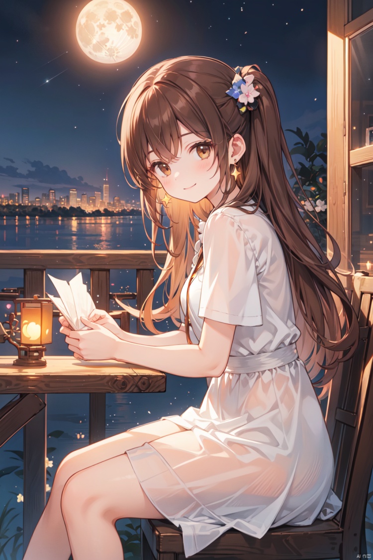  1girl, aerial_fireworks, bangs, brown_eyes, brown_hair, building, city, city_lights, cityscape, closed_mouth, earrings, fireworks, full_moon, holding, jewelry, lamppost, lantern, long_hair, looking_at_viewer, moon, night, night_sky, outdoors, paper_lantern, shooting_star, short_sleeves, sitting, sky, skyline, skyscraper, smile, solo, star_\(sky\), starry_sky, tanabata, tanzaku