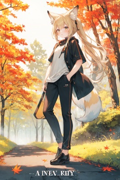  1girl, solo, looking at viewer, sitting, fox ears, full body, strappy heels,plaid shirt, short sleeves,jacket, bow, bangs, low ponytail, blonde hair fox tail, fox girl, kitsune, ((autumn, outdoors, day, forest, falling leaves, bird, leaf)), (fog, dyntall effect), (wide shot, panorama, full body, depth of field),(movie poster,english text),(Flagstone road,branches)