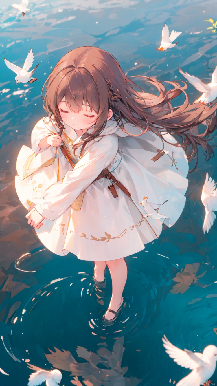  1girl, brown hair, long hair, closed eyes, (above ground), (water surface, reflection, surrounded by white birds), ((from above)), blurry, (full body, wide shot, panorama), (grey background), (shining, fog)