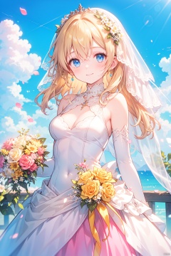  1girl, bare_shoulders, blonde_hair, blue_eyes, blue_sky, bouquet, bridal_veil, cloud, day, dress, elbow_gloves, flower, jewelry, long_hair, looking_at_viewer, medium_breasts, petals, pink_flower, pink_rose, rose, sky, smile, solo, veil, wedding_dress, yellow_flower, yellow_rose