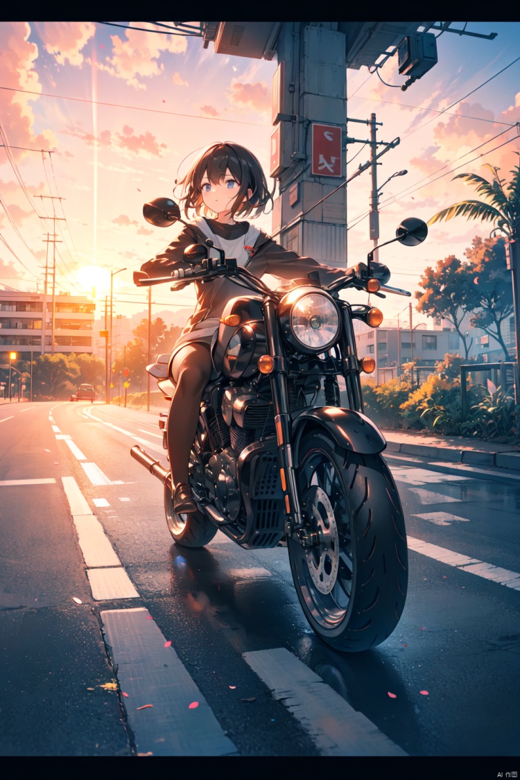  1girl, car, driving, ground_vehicle, letterboxed, motor_vehicle, motorcycle, riding, scenery, sunset