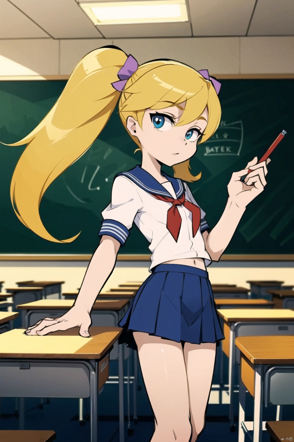  masterpiece,1girl,psstyle,school uniform,twintails,blonde, Psstyle,flat color,classroom