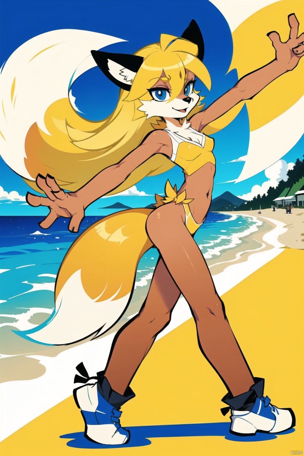 masterpiece,1girl,psstyle,dancer,blonde, Psstyle,flat color,dynamic pose,furry fox girl, furry girl,sea beach, PSstyle, Psstyle