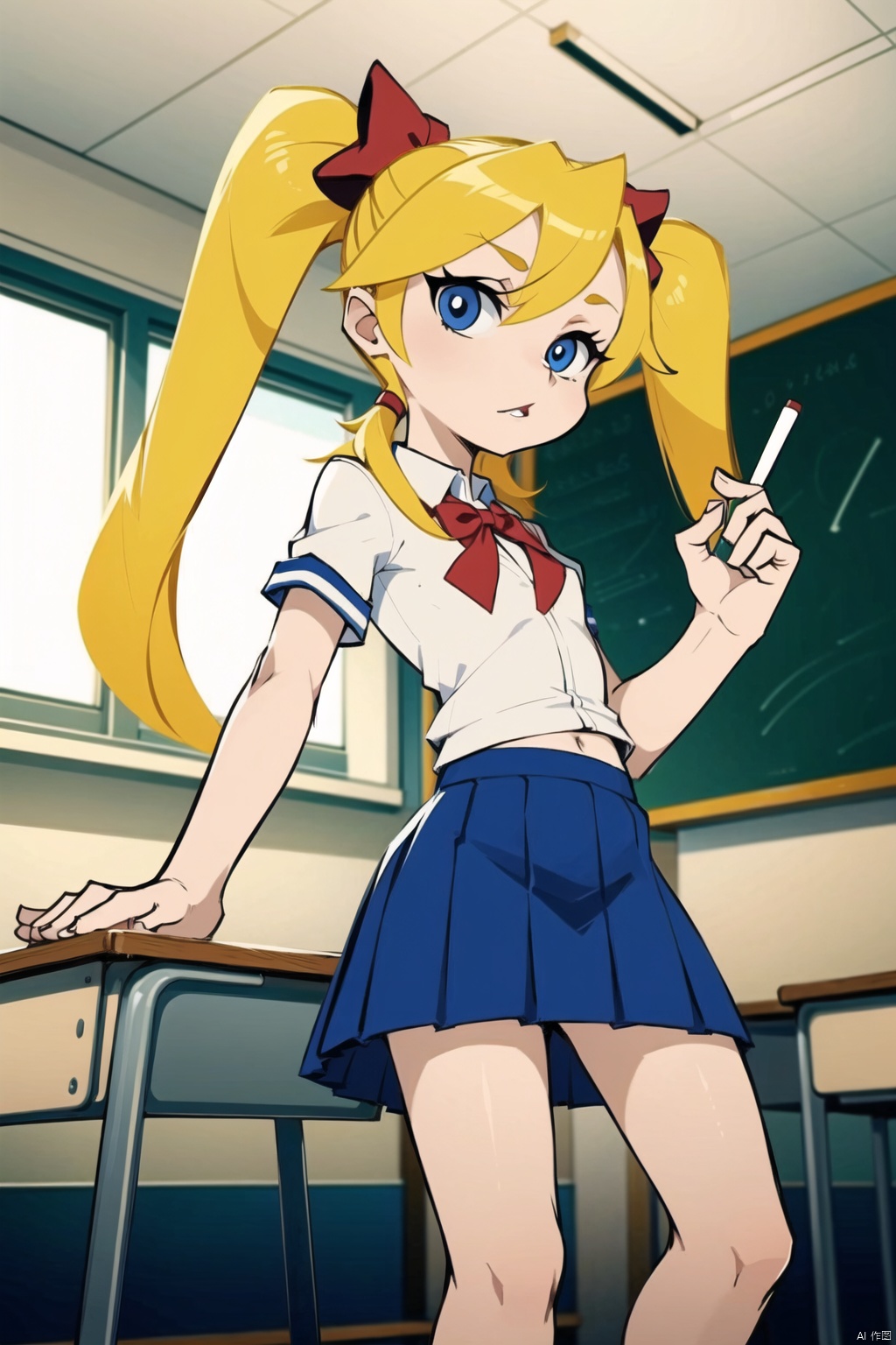  masterpiece,1girl,psstyle,school uniform,twintails,blonde, Psstyle,flat color,classroom