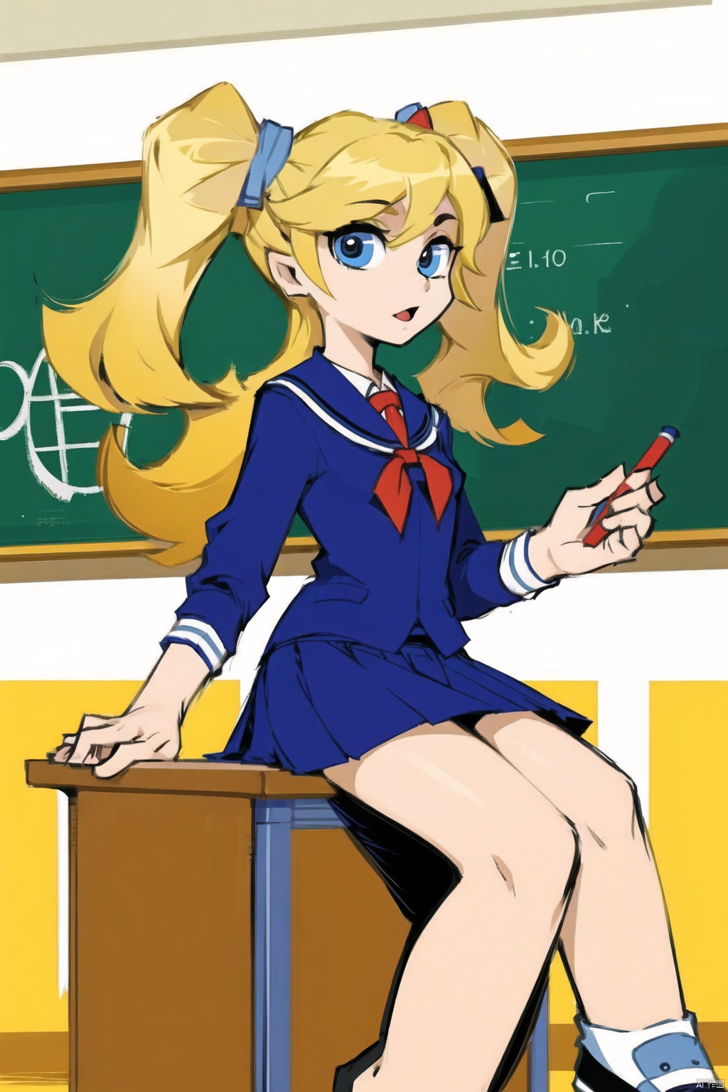  masterpiece,1girl,psstyle,school uniform,twintails,blonde, Psstyle,flat color,classroom, PSstyle