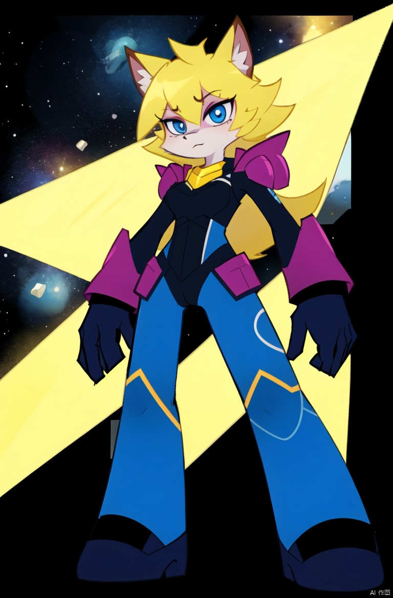  absurdres, highres, ultra detailed, masterpiece, sharp shading,wind,solo,1girl,battle suit,fantasy,galaxy, furry girl,full body