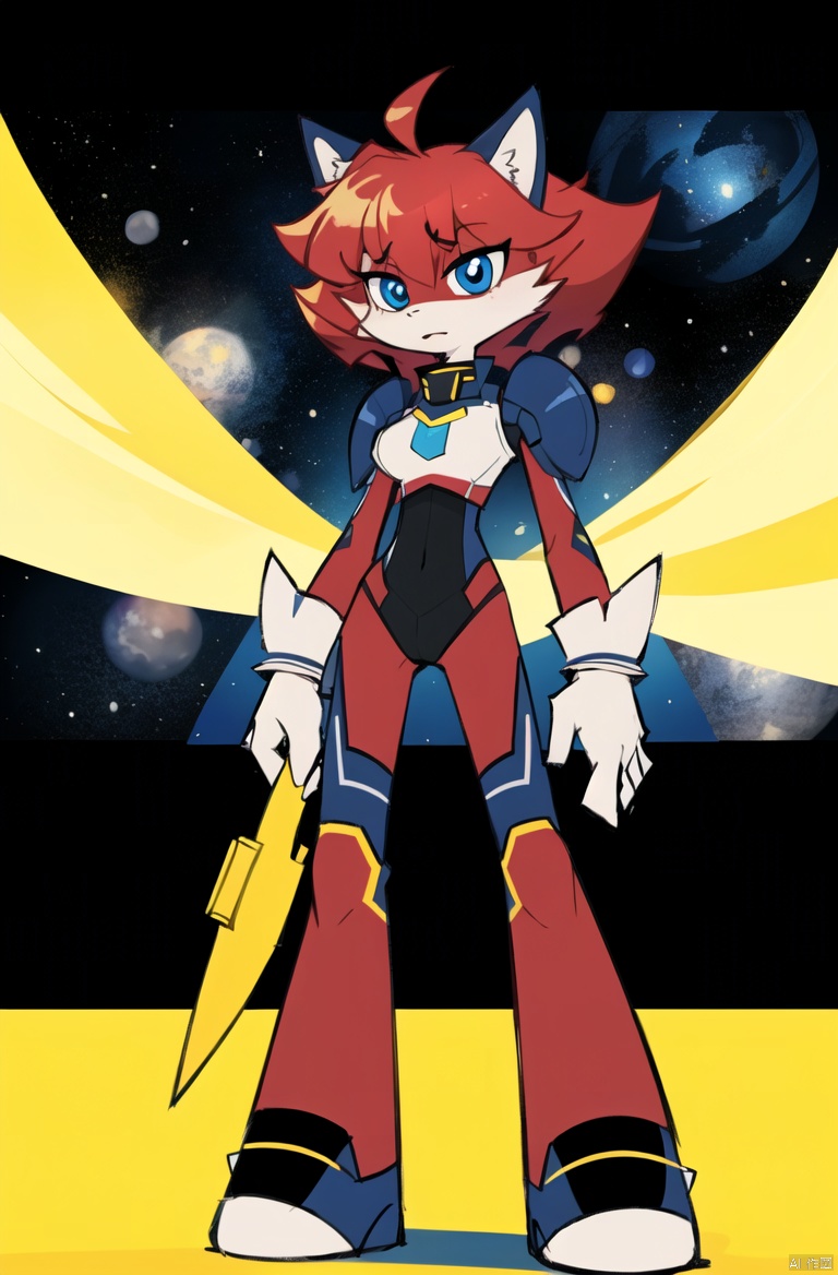  absurdres, highres, ultra detailed, masterpiece, sharp shading,wind,solo,1girl,battle suit,fantasy,galaxy, furry girl,full body