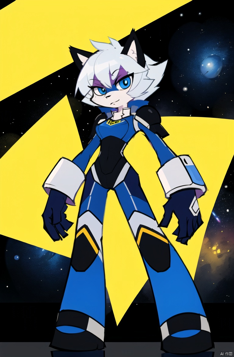  absurdres, highres, ultra detailed, masterpiece, sharp shading,wind,solo,1girl,battle suit,fantasy,galaxy, furry girl,full body