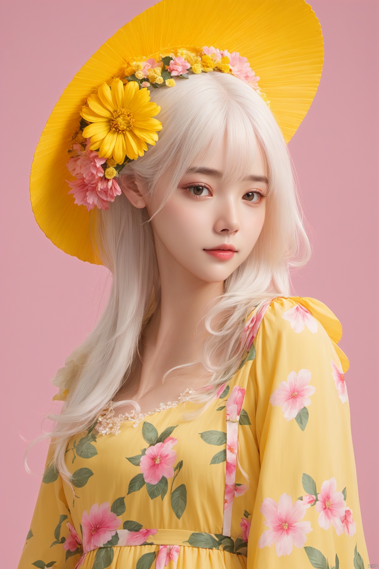  best quality, masterpiece, highres, cg, 1girl, Photograph, high resolution, 8k, girl, white hair, Lemon yellow background, lineart style, Pink floral dress, headwear, full body photo., lineart style,,,