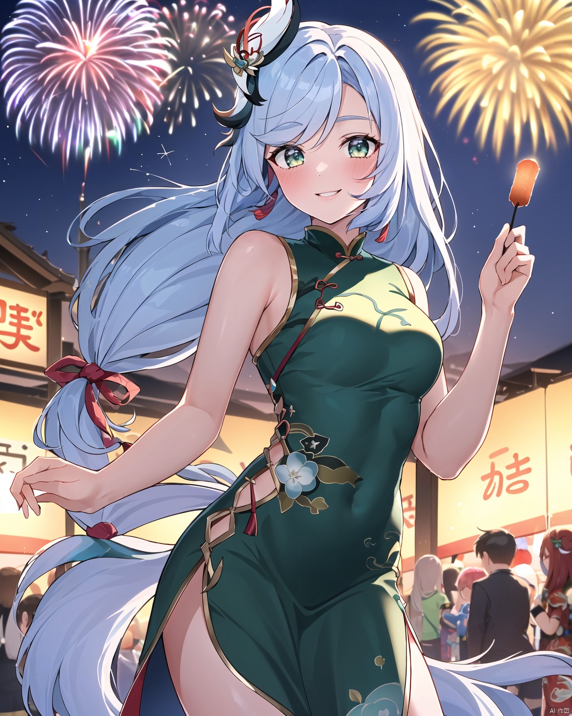 shenhe, (genshin impact\), 1girl, solo, looking at viewer, white long hair,  white ponytail,  a long feather decoration on the head,  emerald green eyes,  Cheongsam + Spring Festival + fireworks + smile + lively street + festival,<lora:EMS-257384-EMS:0.900000>