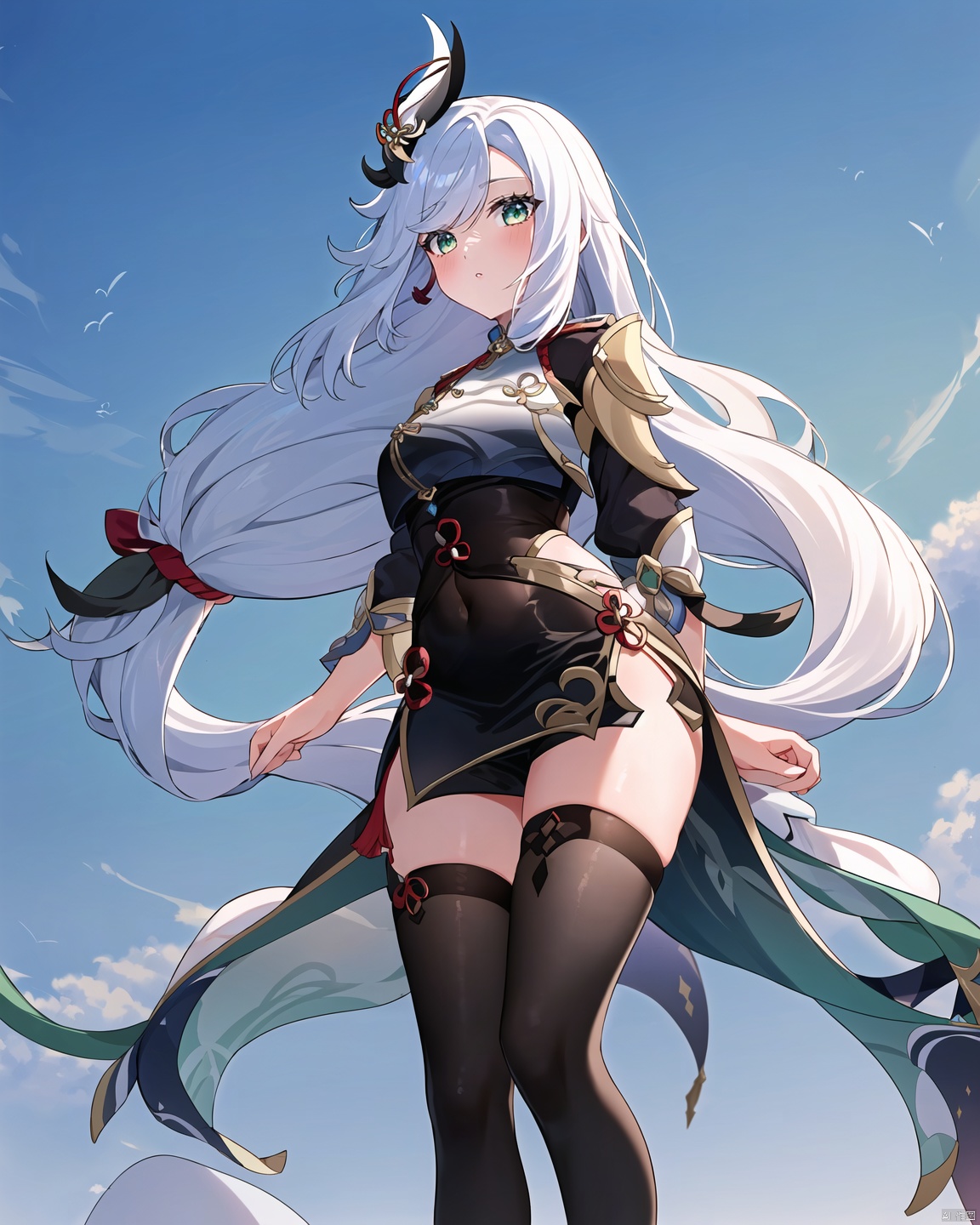 shenhe, (genshin impact\), 1girl, solo, looking at viewer, white long hair,  white ponytail,  a long feather decoration on the head,  emerald green eyes,  jk uniform,  short skirt,  glossy black stockings,  shenhe, look,<lora:EMS-257384-EMS:0.900000>