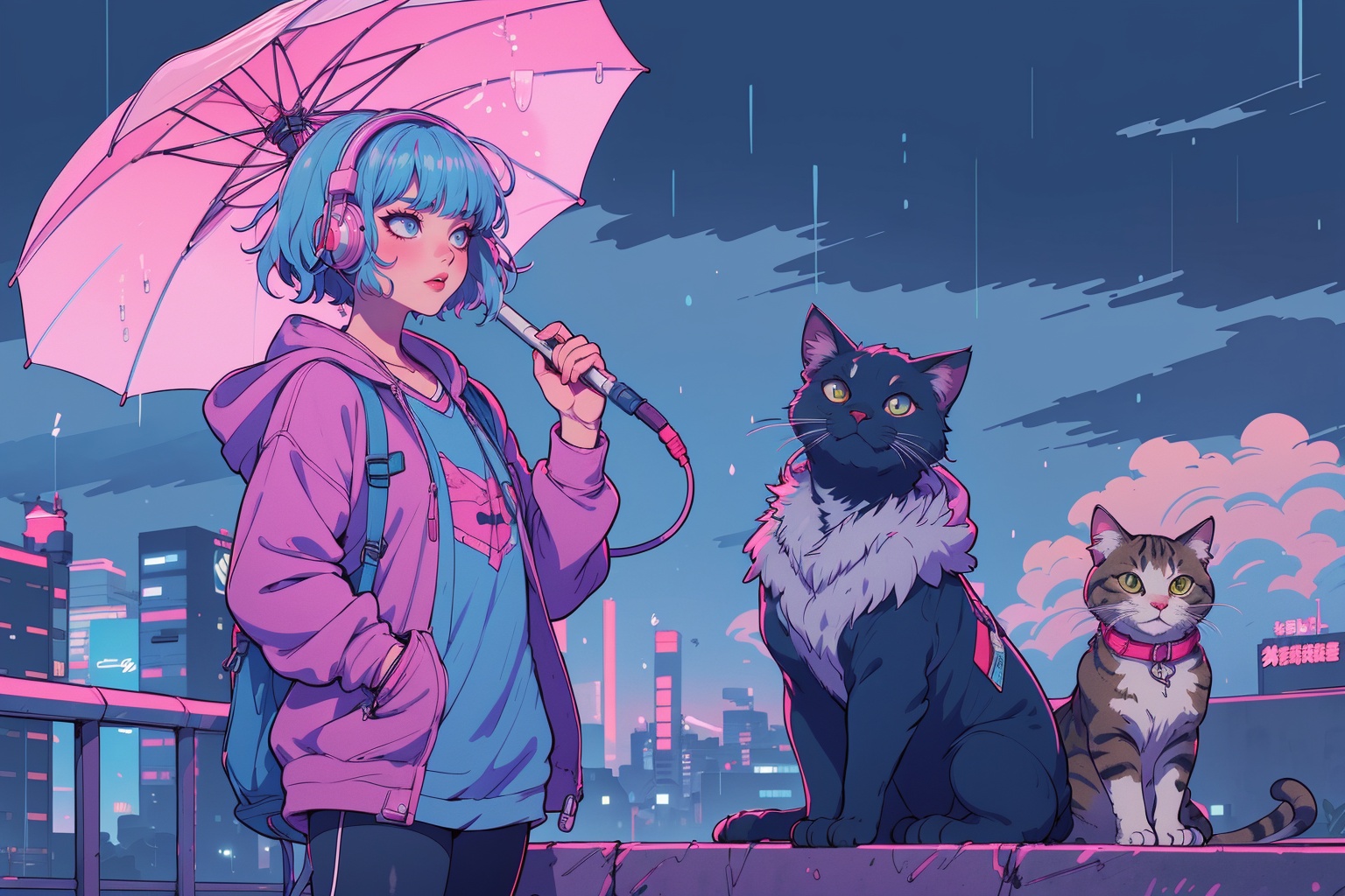 Lofi Girl and cat WAITING FOR BUS under umbrella,  headphone,  cloudy outside on Tensor.Art