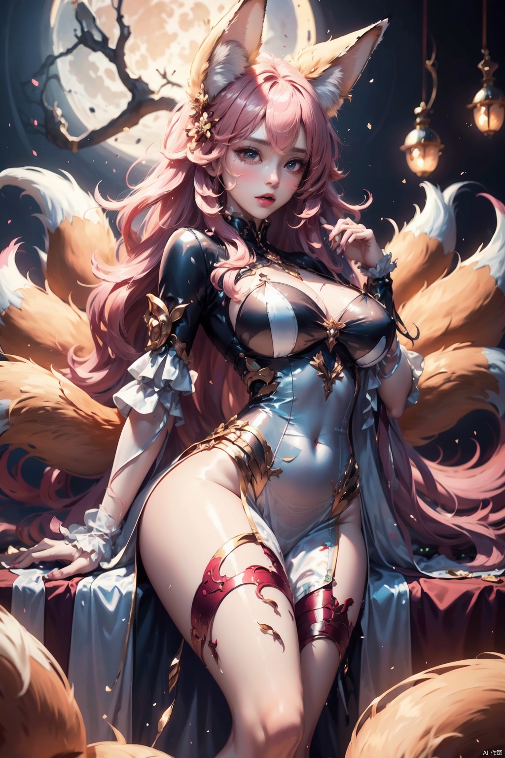  Master masterpiece, top CG rendering, studio quality, highest picture quality, ultra clear, look up, (((nine-tail Fox))), long pink hair, delicate fox ears, soft hair, delicate features, clear face, ((blushingly red face)), clear eyes, long eyelashes, clear pupils, real lips with shine, light makeup, hot body, Sexy, ruddy skin, plump breasts, sexy long legs, ((glossy silky dress all over)), (sculpted silk dress moist and glossy)), realistic, (((nine long pink fox tails)), recent, moon, rendered to perfection, realistic, true textures, true photos, cinematography, high quality, studio lighting, Top light, side backlight, backlight, telephoto, Depth of field, large depth of field, ultra sharp, 8k quality, ultra fine comics, fine lines, 1girl