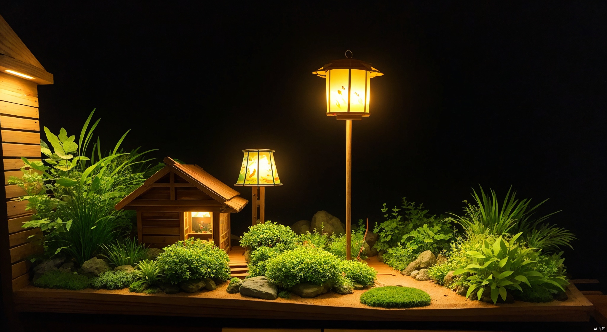  Micro landscape, lantern fish swimming in this space, wood,(lampfish: 1.5),there are many aquatic plants, plants and wood,((Best quality)),((Best quality)),((realistic)),((exterior view)),photo realistic,(masterpiece),orante,super detailed,intricate,photo like quality, LAOWANG