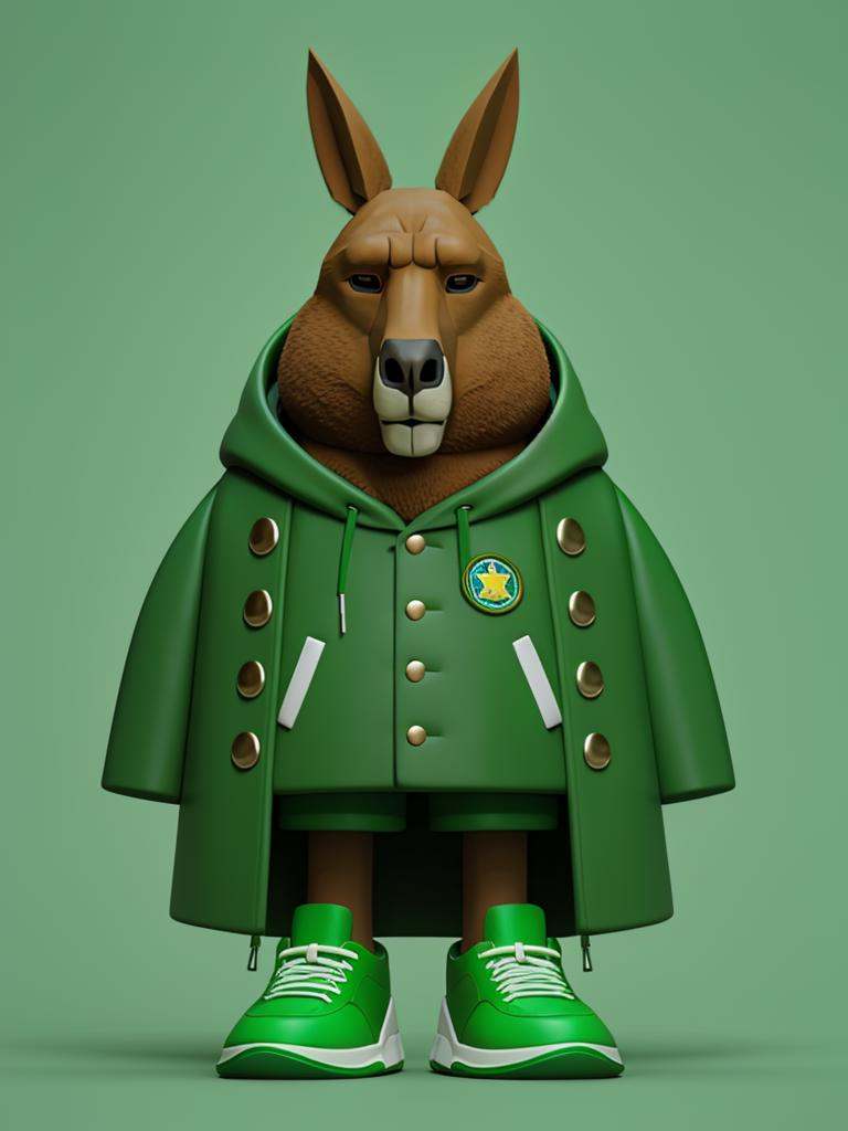 Masterpiece,top-notch quality,xiaokeai,chibi,hdri,Edge light,solo,shoes,Kangaroo, anthropomorphized,smile,standing,full body,shirt,green footwear,coat,sneakers,buttons,jacket,open clothes,oversized clothes,Green military coat,c4d,blender,<lora:模型手办Blindbox:0.6>,