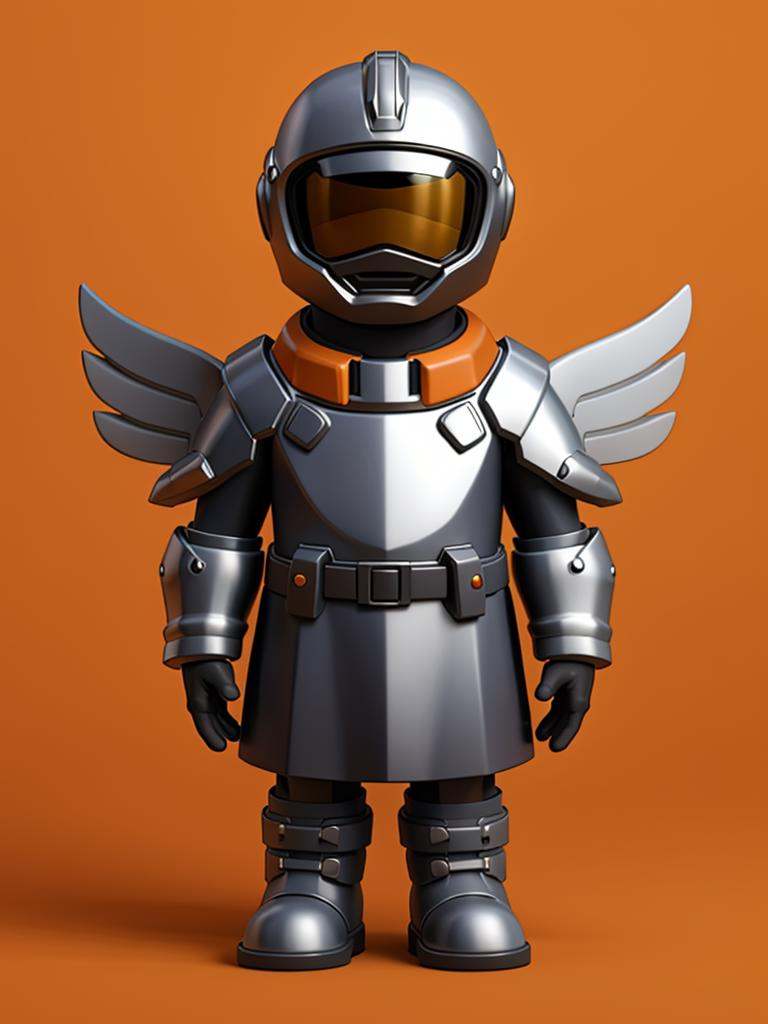 Masterpiece,top-notch quality,xiaokeai,chibi,hdri,Edge light,1boy,smile,standing,posing for a picture edgWalkure,long hair,dress,wings,armor,helmet,head wings,shoulder armor,feathered wings,angel wings,armored dress,boots,Bold colors,((orange background)),depth of field,white background,<lora:模型手办Blindbox:0.6>,