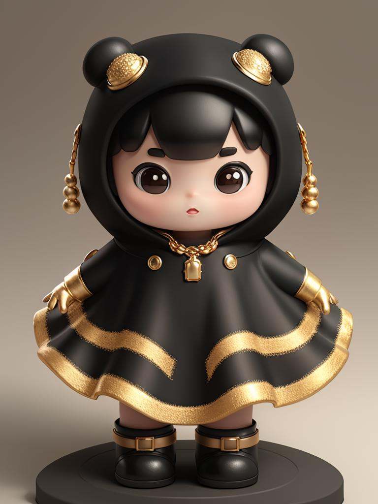 Masterpiece,top-notch quality,xiaokeai,chibi,solo,dress,blush,jewelry,boxing gloves,necklace,black hair,black dress,1girl,bow,full body,Head bow, hood,<lora:模型手办Blindbox:0.6>,