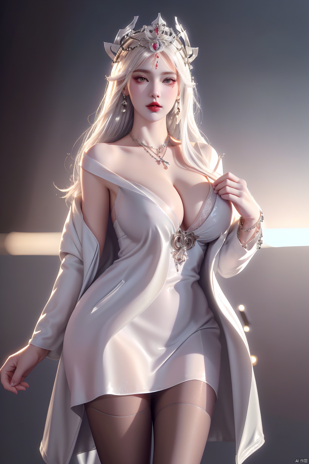  1girl,breasts,jewelry,dress,solo,white dress,long hair,necklace,cleavage,white hair,earrings,pantyhose,bracelet,looking at viewer,large breasts,red lips,blurry background,blurry,coat,tiara,makeup,night,cowboy shot,huge breasts,jacket,mature female,black pantyhose,collarbone,open coat,