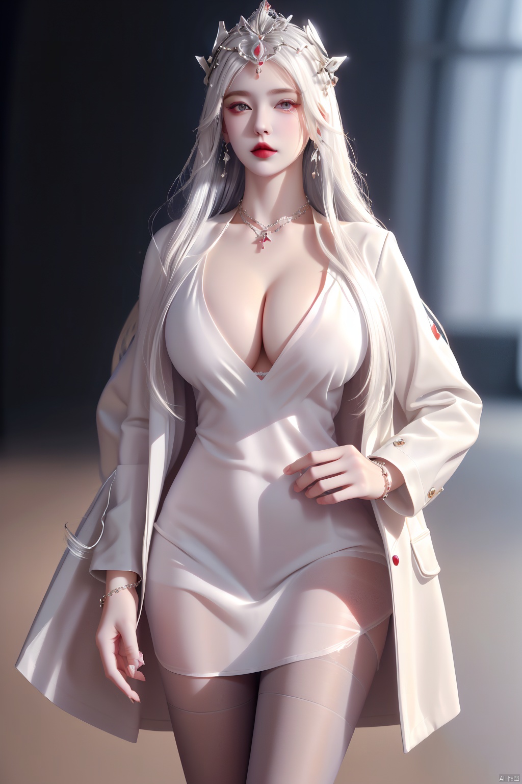  1girl,breasts,jewelry,dress,solo,white dress,long hair,necklace,cleavage,white hair,earrings,pantyhose,bracelet,looking at viewer,large breasts,red lips,blurry background,blurry,coat,tiara,cowboy shot,huge breasts,jacket,mature female,black pantyhose,collarbone,open coat,