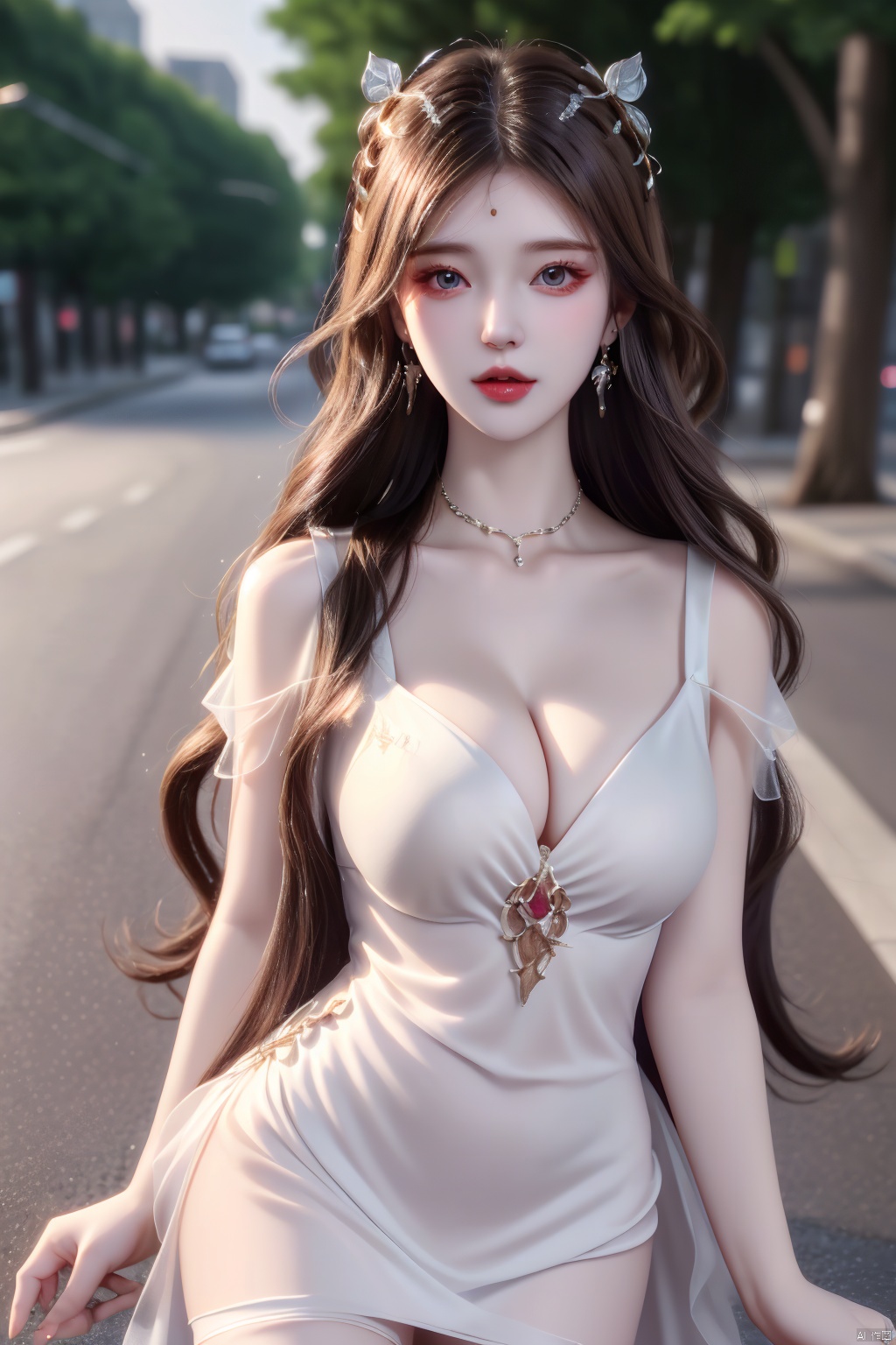 1girl,  breasts, solo, dress, earrings, jewelry, cleavage, white dress, long hair, large breasts, outdoors, looking at viewer, realistic, black hair, brown hair, street, road, parted lips, day, short dress