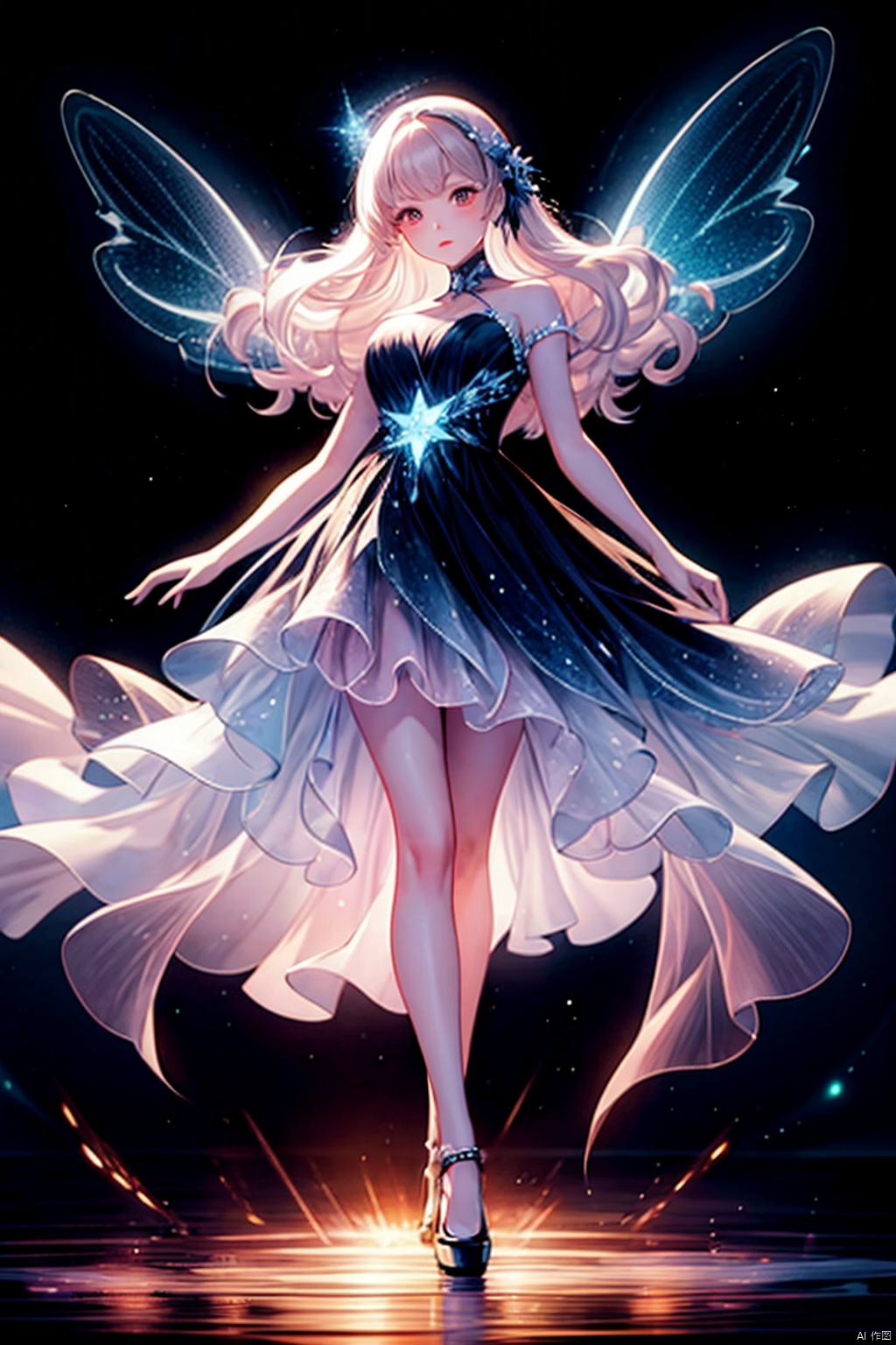  Best quality, 8k, cg,A girl formed by light,solo,glowing,black_background,light,A dress formed by light,starry_background