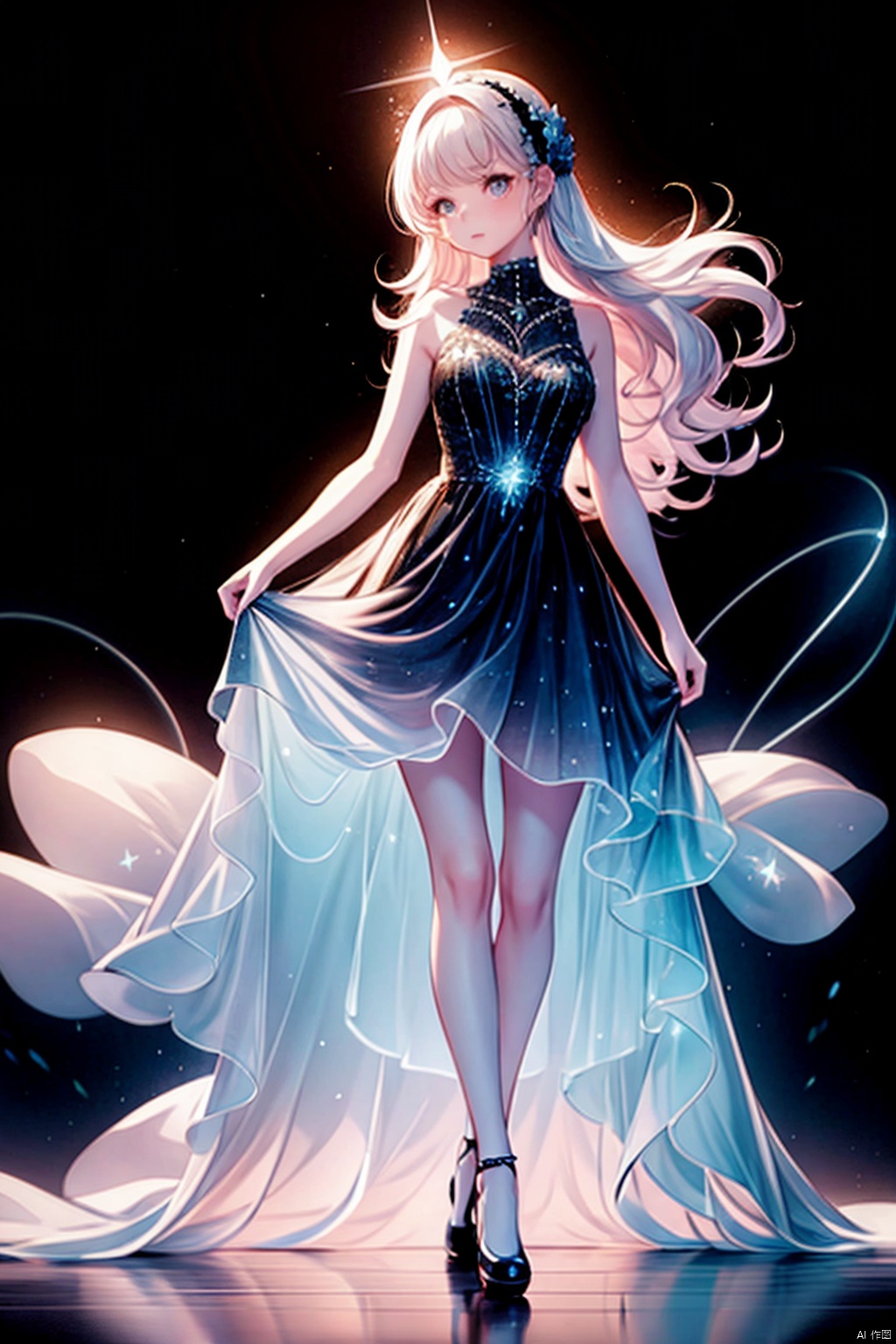  Best quality, 8k, cg,A girl formed by light,solo,glowing,black_background,light,A dress formed by light,starry_background