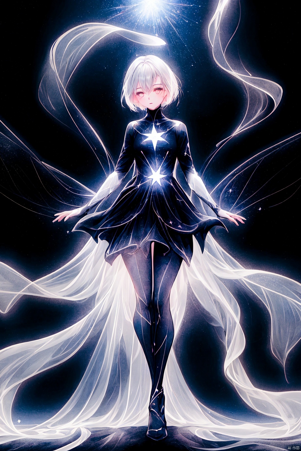  Best quality, 8k, cg,A girl formed by light,solo,glowing,black_background,light,A dress formed by light,starry_background