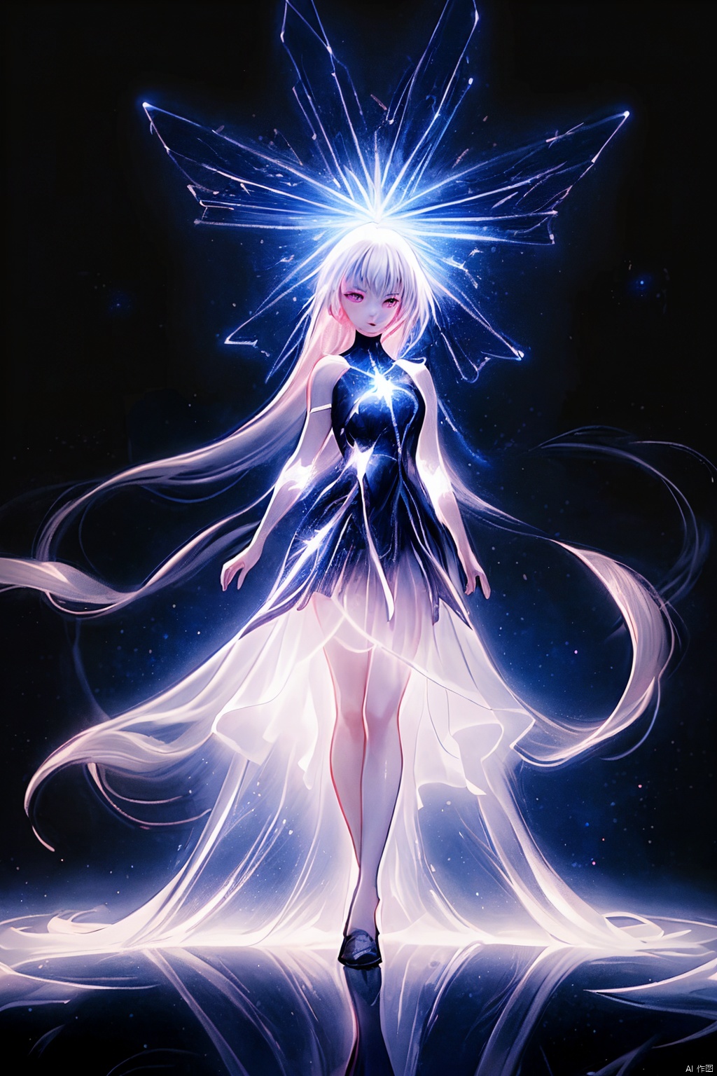  Best quality, 8k, cg,A girl formed by light,solo,glowing,black_background,light,A dress formed by light,starry_background