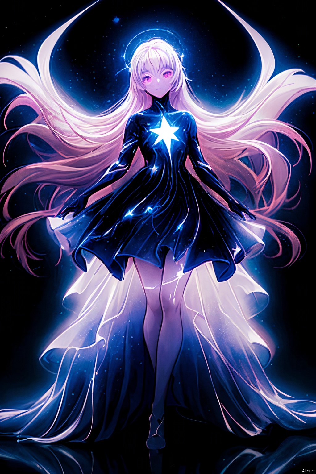  Best quality, 8k, cg,A girl formed by light,solo,glowing,black_background,light,A dress formed by light,starry_background