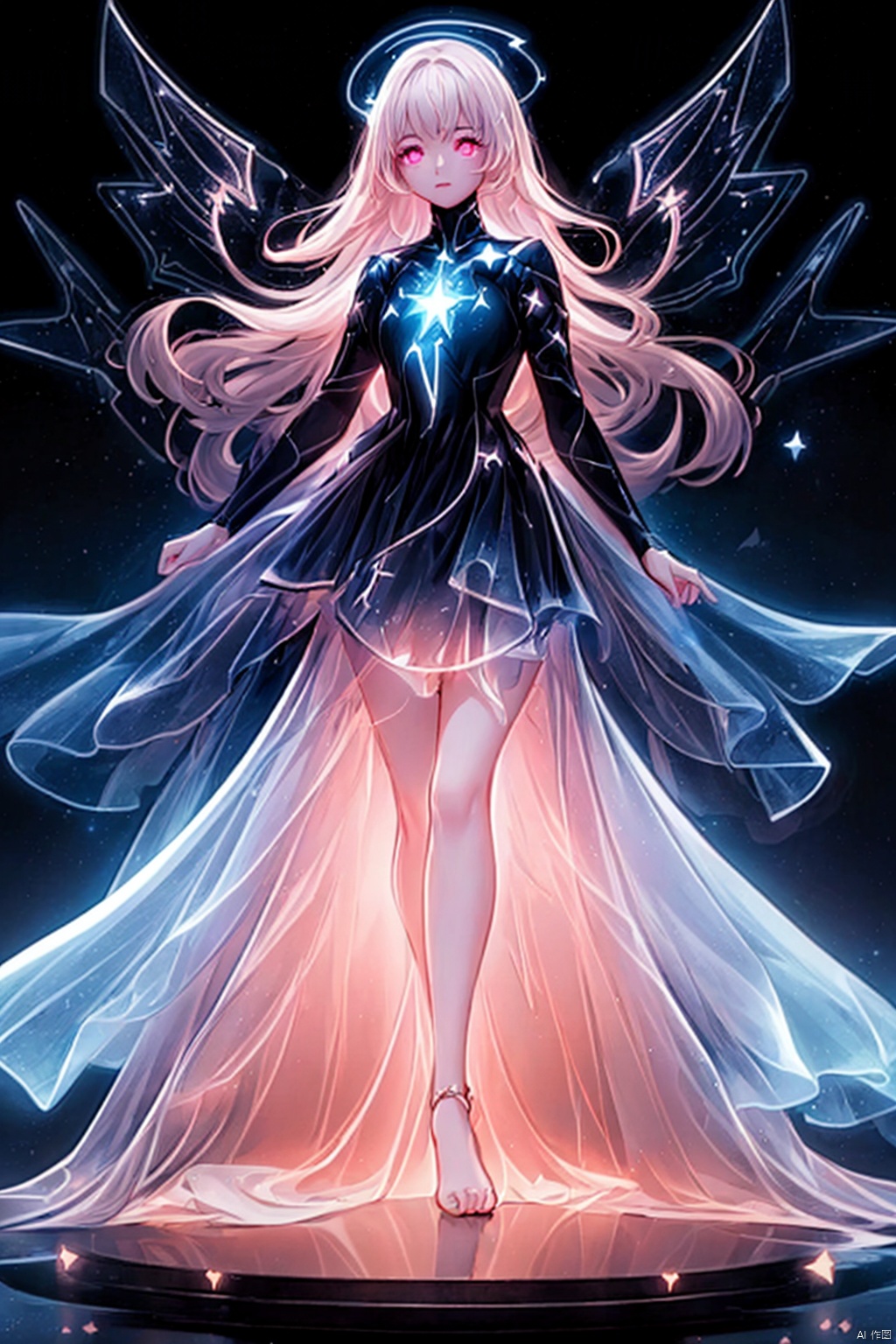  Best quality, 8k, cg,A girl formed by light,solo,glowing,black_background,light,A dress formed by light,starry_background