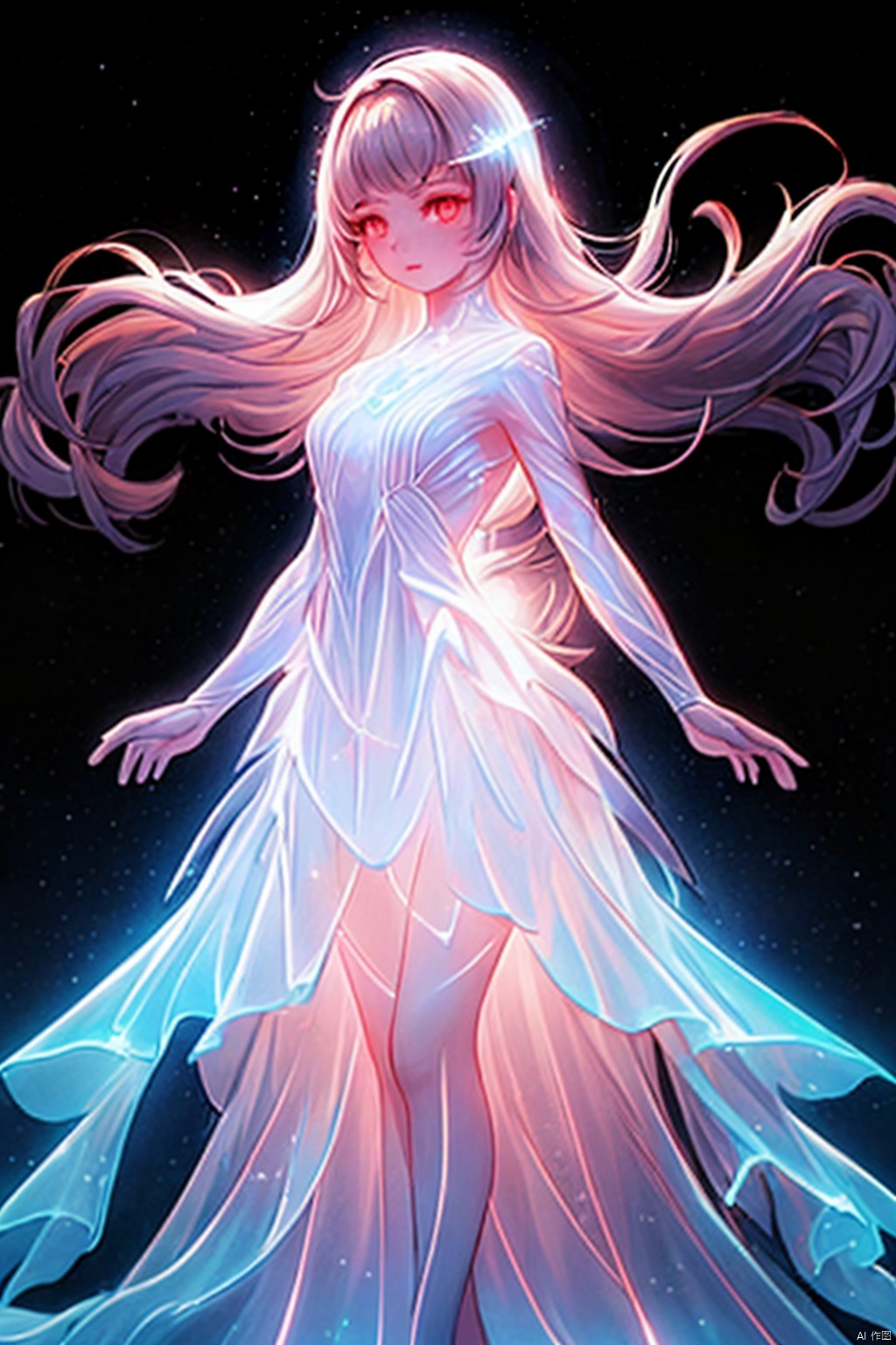  Best quality, 8k, cg,A girl formed by light,solo,glowing,black_background,light,A dress formed by light,starry_background