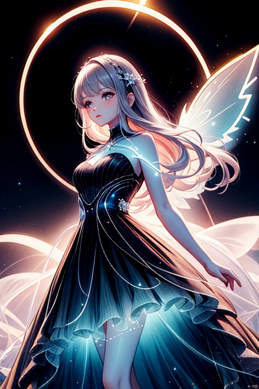  Best quality, 8k, cg,A girl formed by light,solo,glowing,black_background,light,A dress formed by light,starry_background