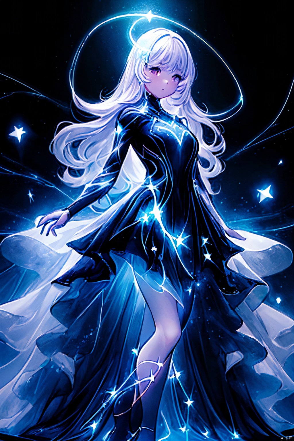  Best quality, 8k, cg,A girl formed by light,solo,glowing,black_background,light,A dress formed by light,starry_background