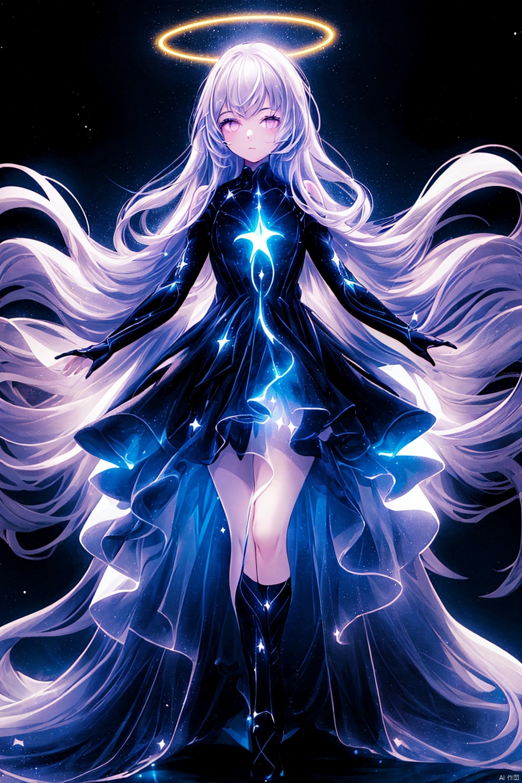  Best quality, 8k, cg,A girl formed by light,solo,glowing,black_background,light,A dress formed by light,starry_background