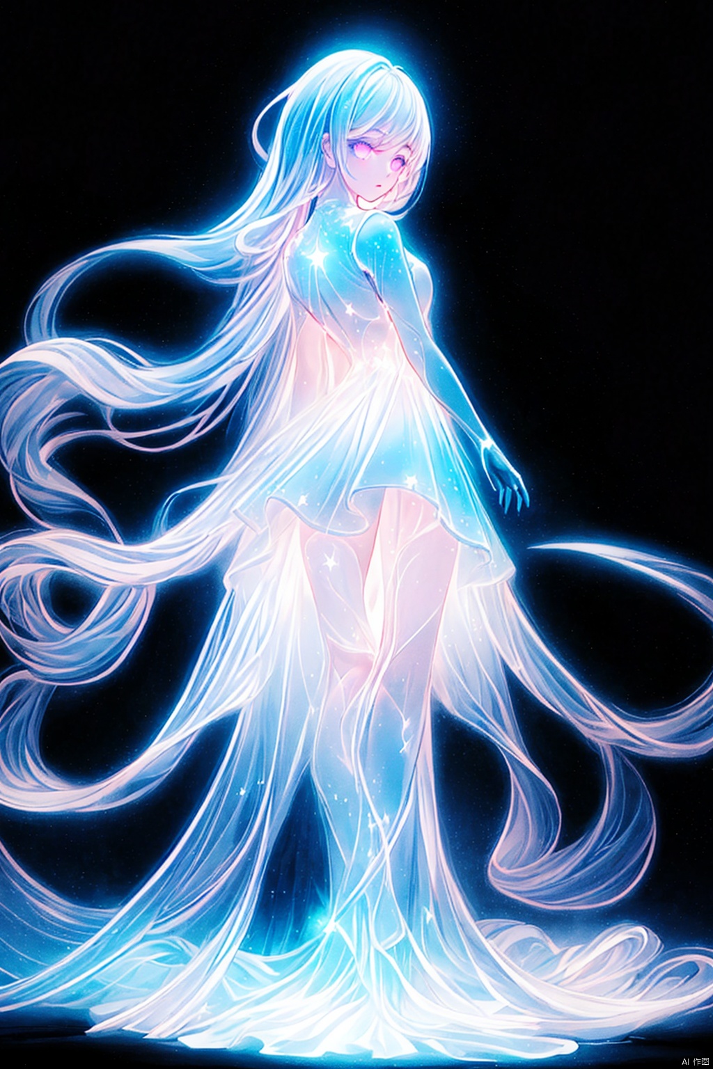  Best quality, 8k, cg,A girl formed by light,solo,glowing,black_background,light,A dress formed by light,starry_background