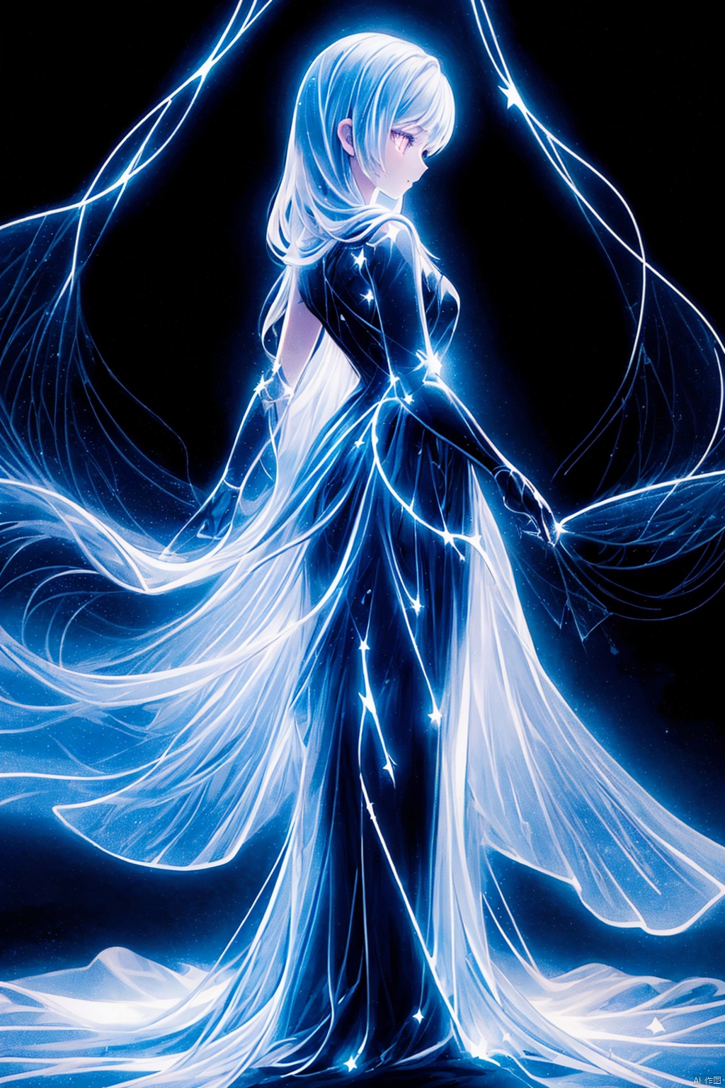  Best quality, 8k, cg,A girl formed by light,solo,glowing,black_background,light,A dress formed by light,starry_background