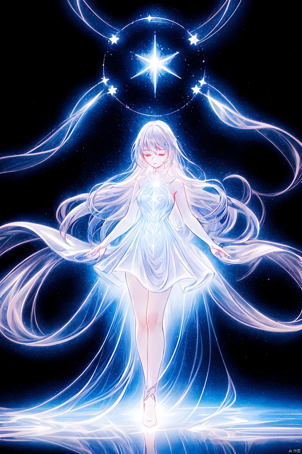  Best quality, 8k, cg,A girl formed by light,solo,glowing,black_background,light,A dress formed by light,starry_background