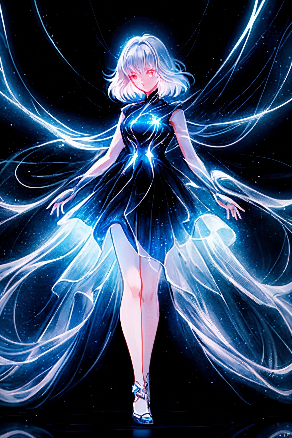  Best quality, 8k, cg,A girl formed by light,solo,glowing,black_background,light,A dress formed by light,starry_background