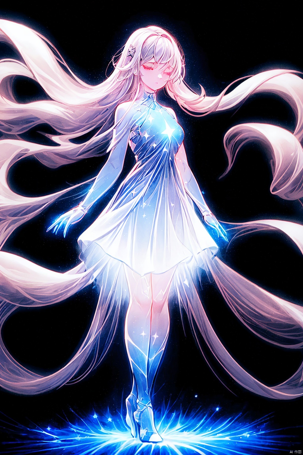  Best quality, 8k, cg,A girl formed by light,solo,glowing,black_background,light,A dress formed by light,starry_background