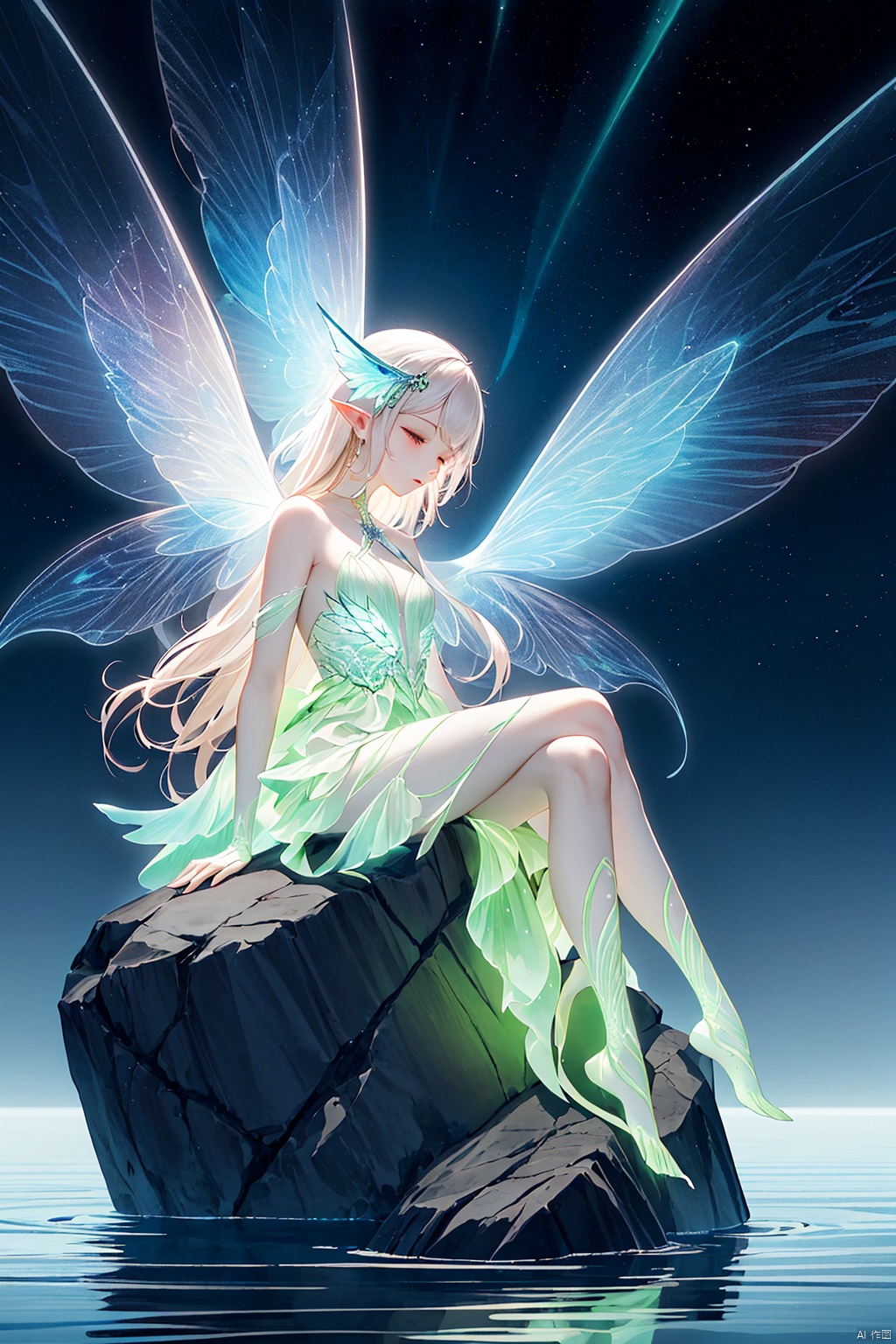  Best quality,8k,cg,
a woman sitting on a rock in the water with a green fairy dress, astral fairy, water fairy, glowing angelic being, beautiful fairy, glowing aura around her, ethereal wings, beautiful fantasy art, very beautiful fantasy art, beautiful fairies, neon wings, ethereal aurora spirits, very beautiful digital art, beautiful digital art, elven angel meditating in space