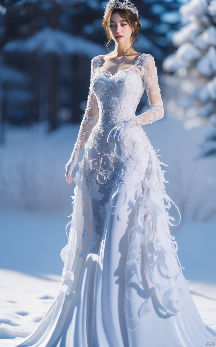 there a white statue of a woman in a dress in the snow, an ambient occlusion render inspired by Igor Kufayev, zbrush central contest winner, fantasy art, intricate gown, intricate fantasy dress, intricate dress, goddess of winter, an intricate dress, goddess. extremely high detail, queen of winter, fantasy long intricate gown, intricate detailed dress, 1girl