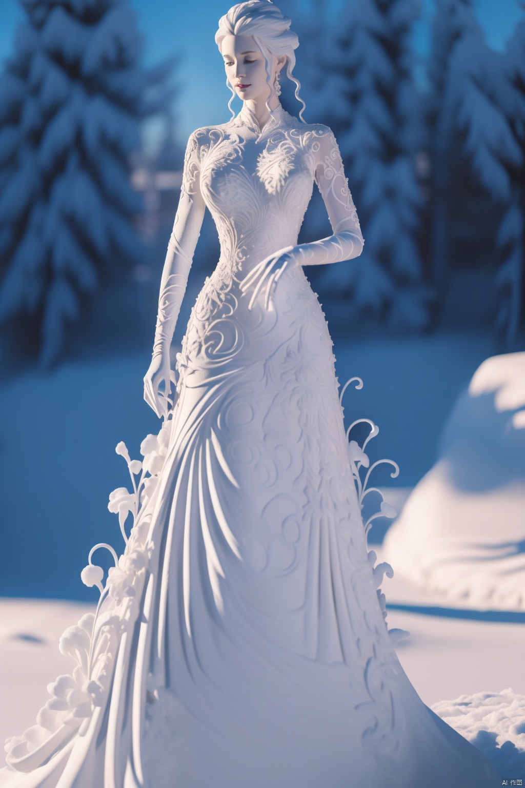 there a white statue of a woman in a dress in the snow, an ambient occlusion render inspired by Igor Kufayev, zbrush central contest winner, fantasy art, intricate gown, intricate fantasy dress, intricate dress, goddess of winter, an intricate dress, goddess. extremely high detail, queen of winter, fantasy long intricate gown, intricate detailed dress