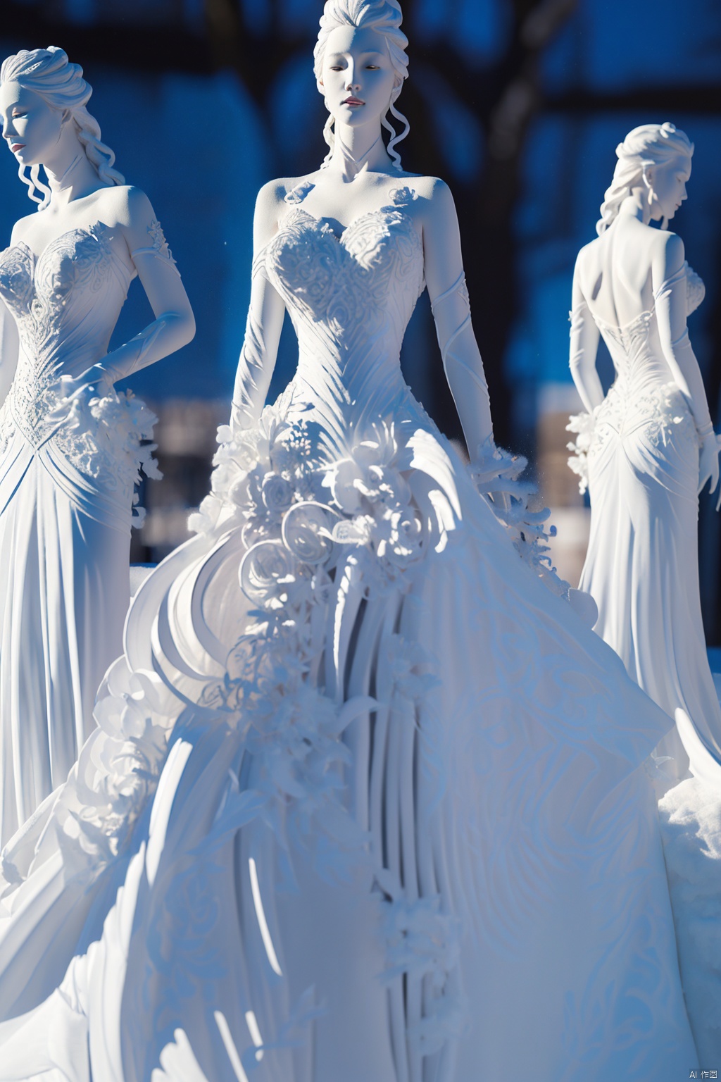 there a white statue of a woman in a dress in the snow, an ambient occlusion render inspired by Igor Kufayev, zbrush central contest winner, fantasy art, intricate gown, intricate fantasy dress, intricate dress, goddess of winter, an intricate dress, goddess. extremely high detail, queen of winter, fantasy long intricate gown, intricate detailed dress